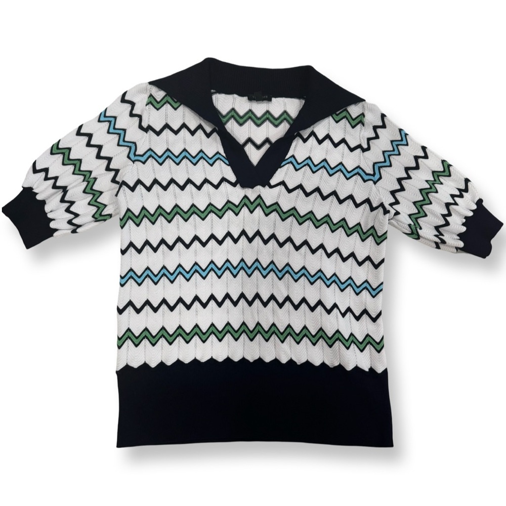 TALBOTS KNIT SHORT SLEEVE SWEATER V NECK ZIGZAG CHEVRON LAYERING PETITE CASUAL - Picture 2 of 7